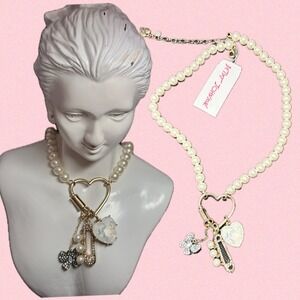 Betsey Johnson Faux Pearl Heart Charm Crystal Butterfly Pave Safety Pin Necklace